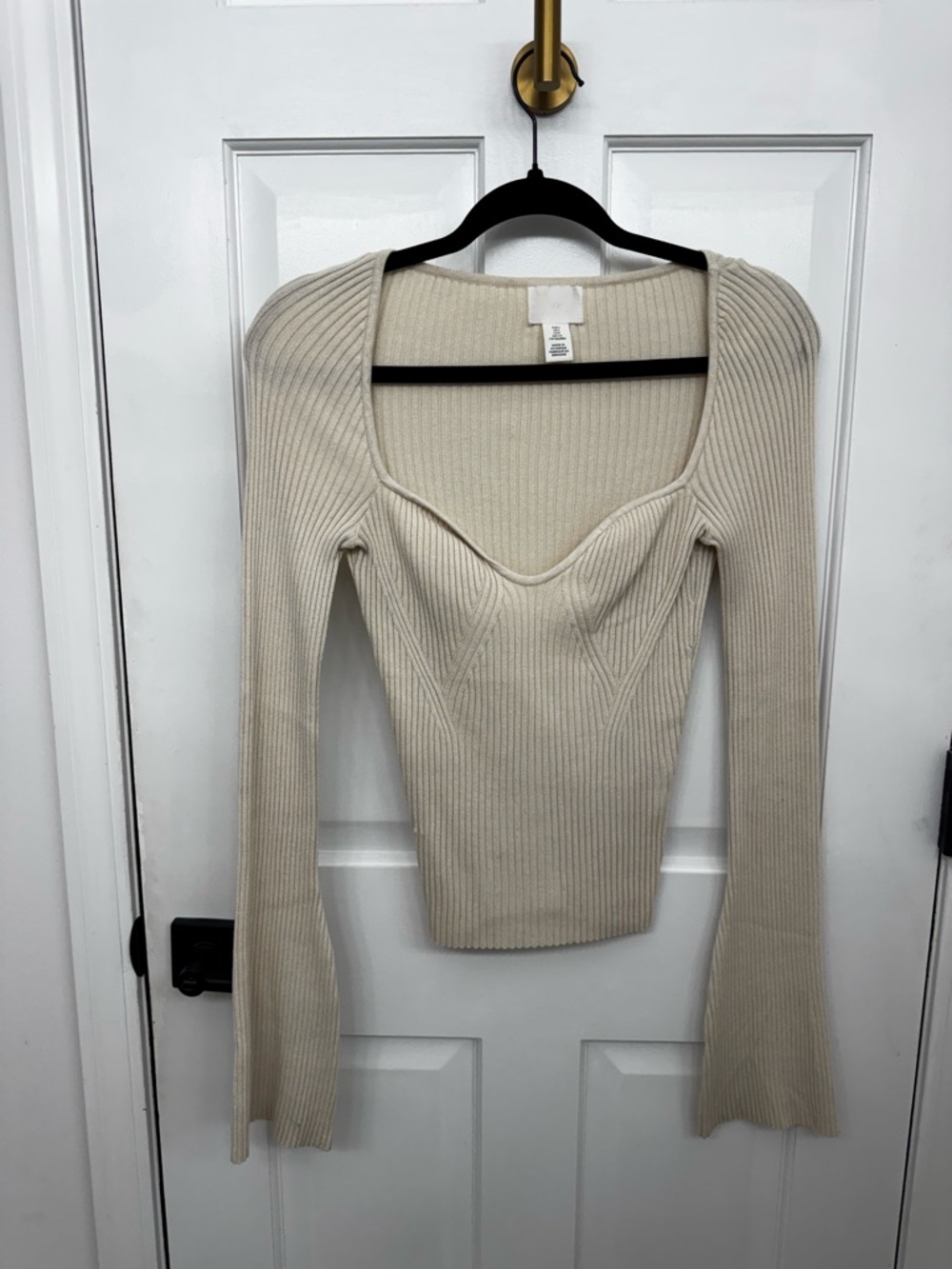 H&M Ribbed Cream Scoop Neck Long Sleeve Sweater